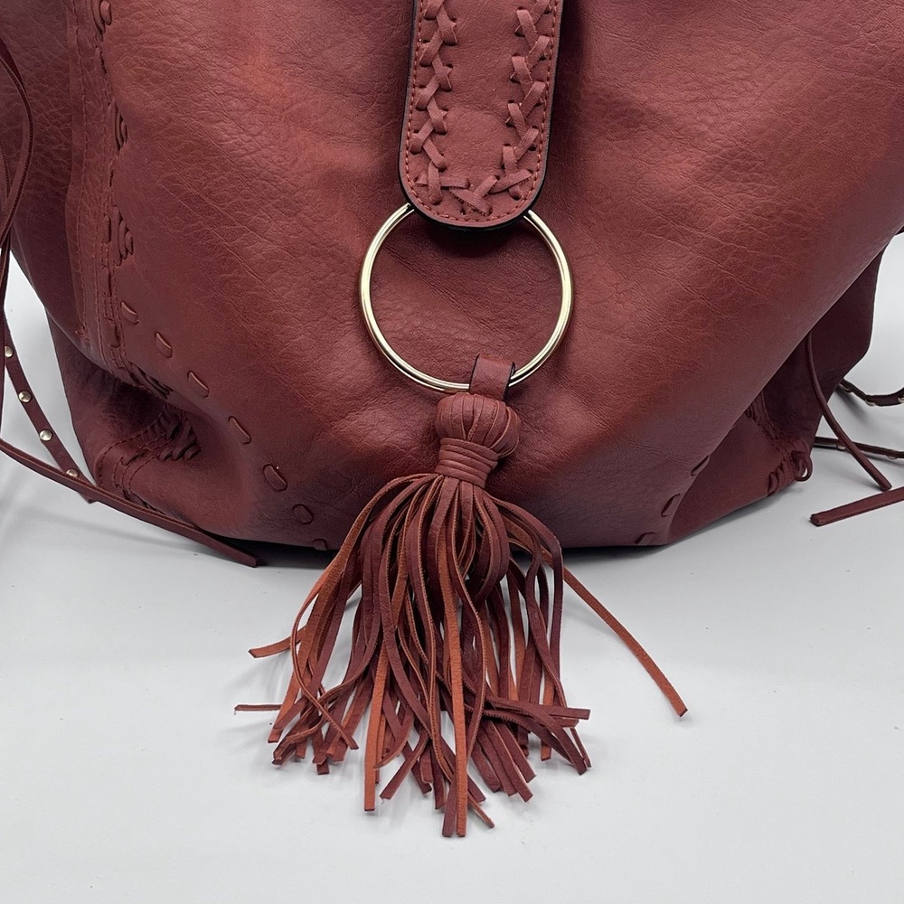 Big Buddha Faux Leather Hobo Bag Brown Boho Ring Tassel Braided Strap Large - Picture 3 of 9
